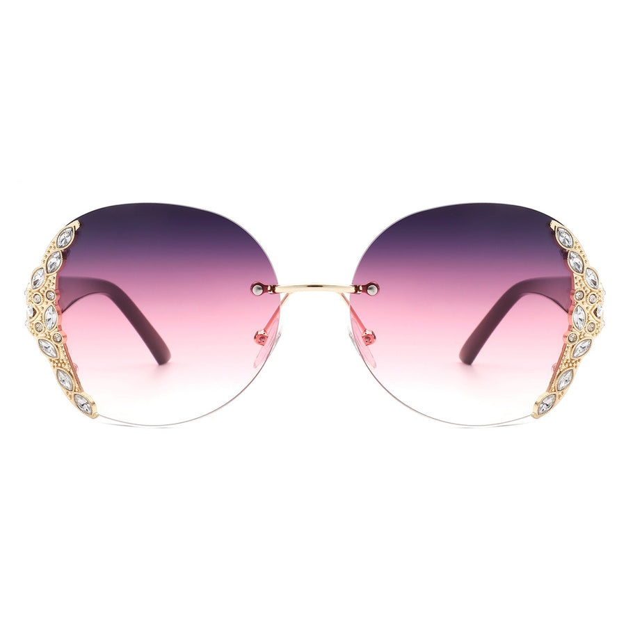 Jadeisle - Oval Rimless Rhinestone Round Oversized Sunglasses- 5 Colors