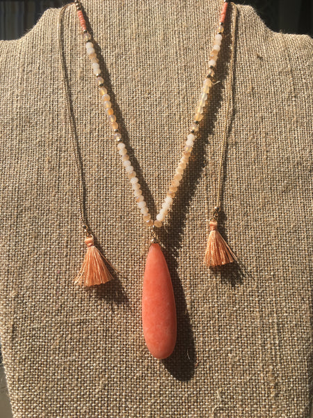 Gold Tone Adjustable Teardrop, Beads, & Tassel Necklace- Peach