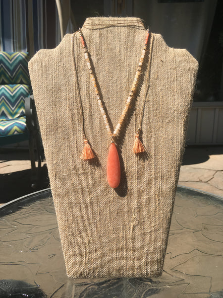 Gold Tone Adjustable Teardrop, Beads, & Tassel Necklace- Peach