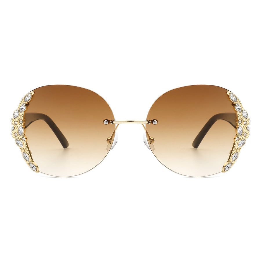 Jadeisle - Oval Rimless Rhinestone Round Oversized Sunglasses- 5 Colors