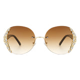 Jadeisle - Oval Rimless Rhinestone Round Oversized Sunglasses- 5 Colors