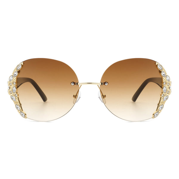 Jadeisle - Women Oval Rimless Rhinestone Design Round Oversize Sunglasses