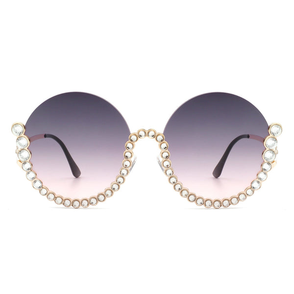 Gloriana - Women Circle Half Frame Oversize Rhinestone Fashion Round Sunglasses