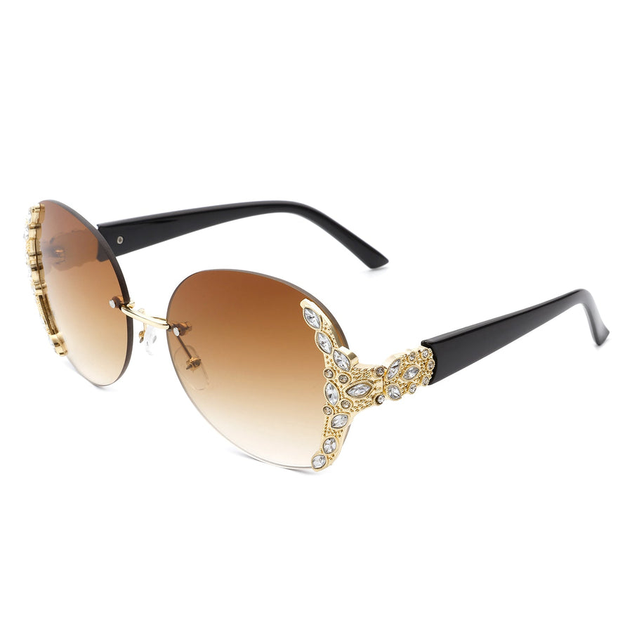 Jadeisle - Oval Rimless Rhinestone Round Oversized Sunglasses- 5 Colors