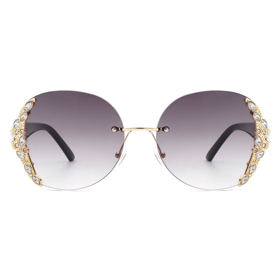 Jadeisle - Oval Rimless Rhinestone Round Oversized Sunglasses- 5 Colors