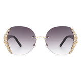 Jadeisle - Oval Rimless Rhinestone Round Oversized Sunglasses- 5 Colors