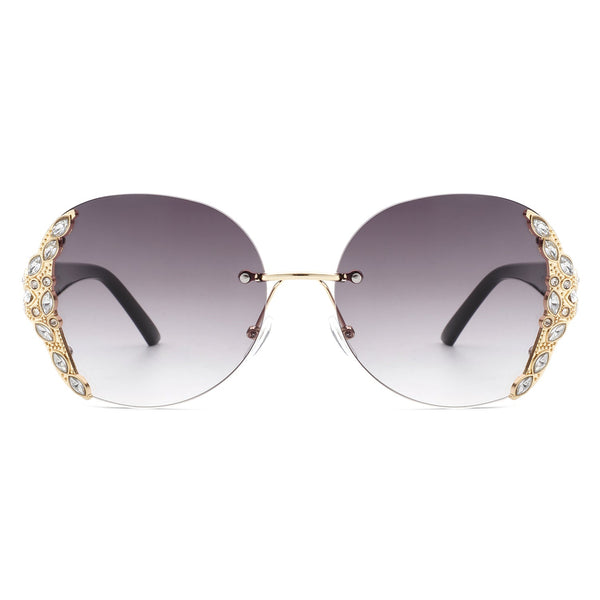 Jadeisle - Women Oval Rimless Rhinestone Design Round Oversize Sunglasses