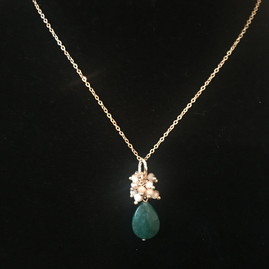 Gold Tone Beaded Teardrop Necklace- Hunter Green