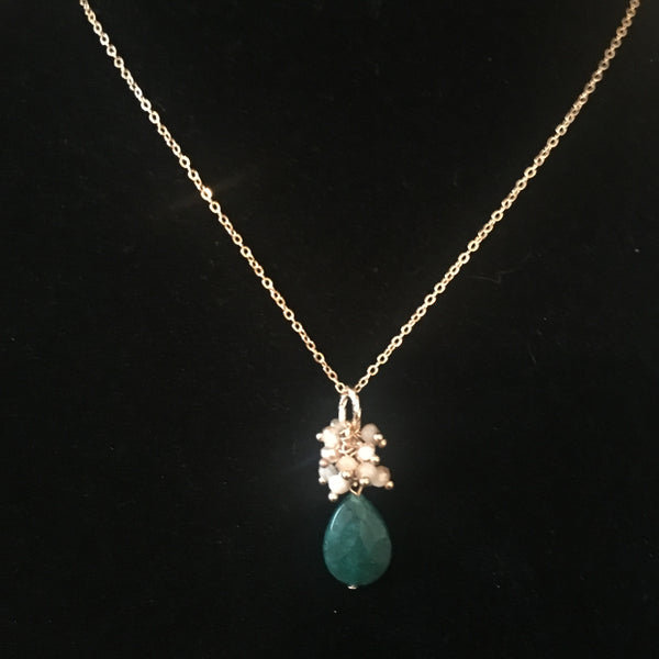 Gold Tone Beaded Teardrop Necklace- Hunter Green