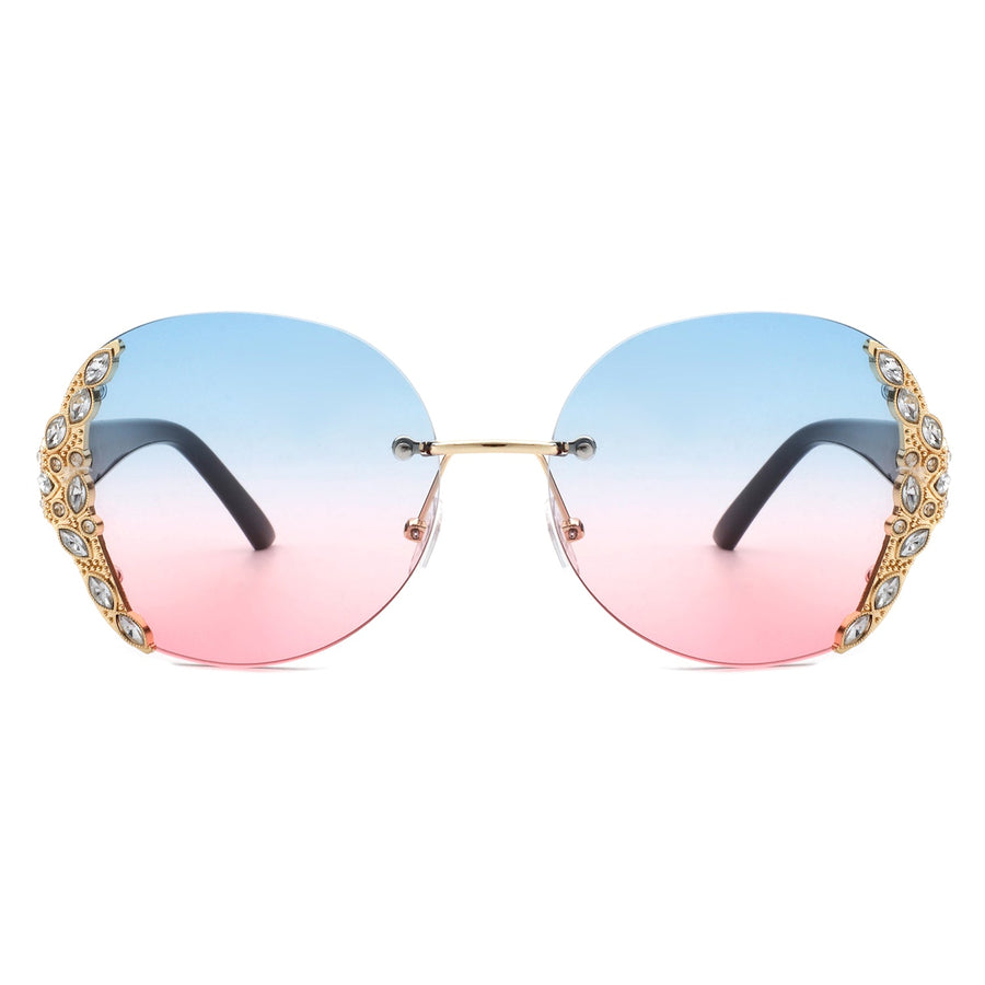 Jadeisle - Oval Rimless Rhinestone Round Oversized Sunglasses- 5 Colors
