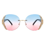 Jadeisle - Oval Rimless Rhinestone Round Oversized Sunglasses- 5 Colors