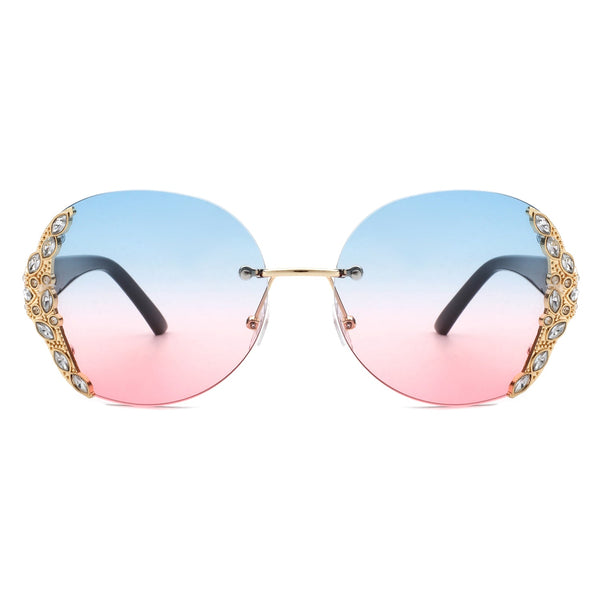 Jadeisle - Women Oval Rimless Rhinestone Design Round Oversize Sunglasses
