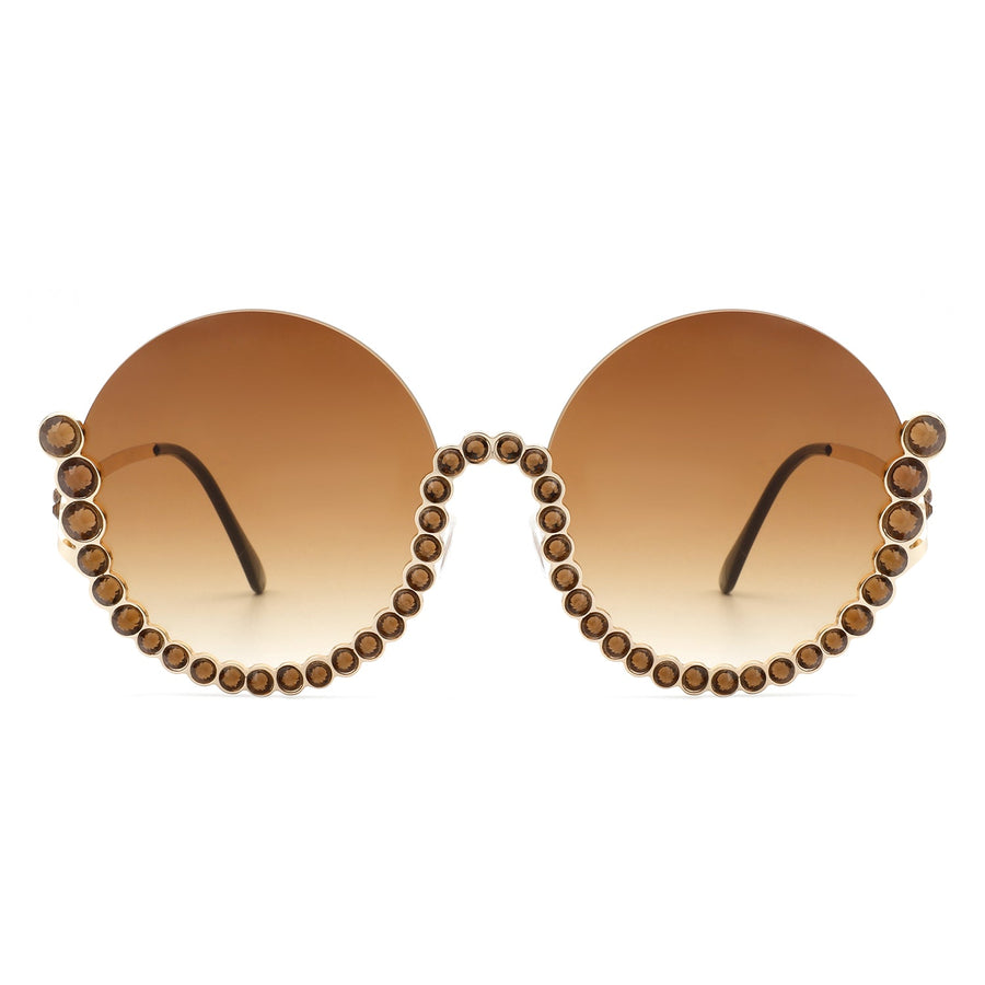 Gloriana - Women Circle Half Frame Oversize Rhinestone Fashion Round Sunglasses