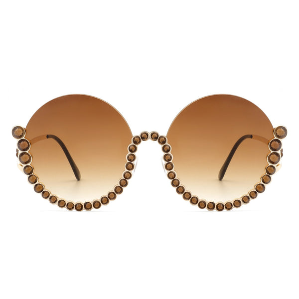 Gloriana - Women Circle Half Frame Oversize Rhinestone Fashion Round Sunglasses