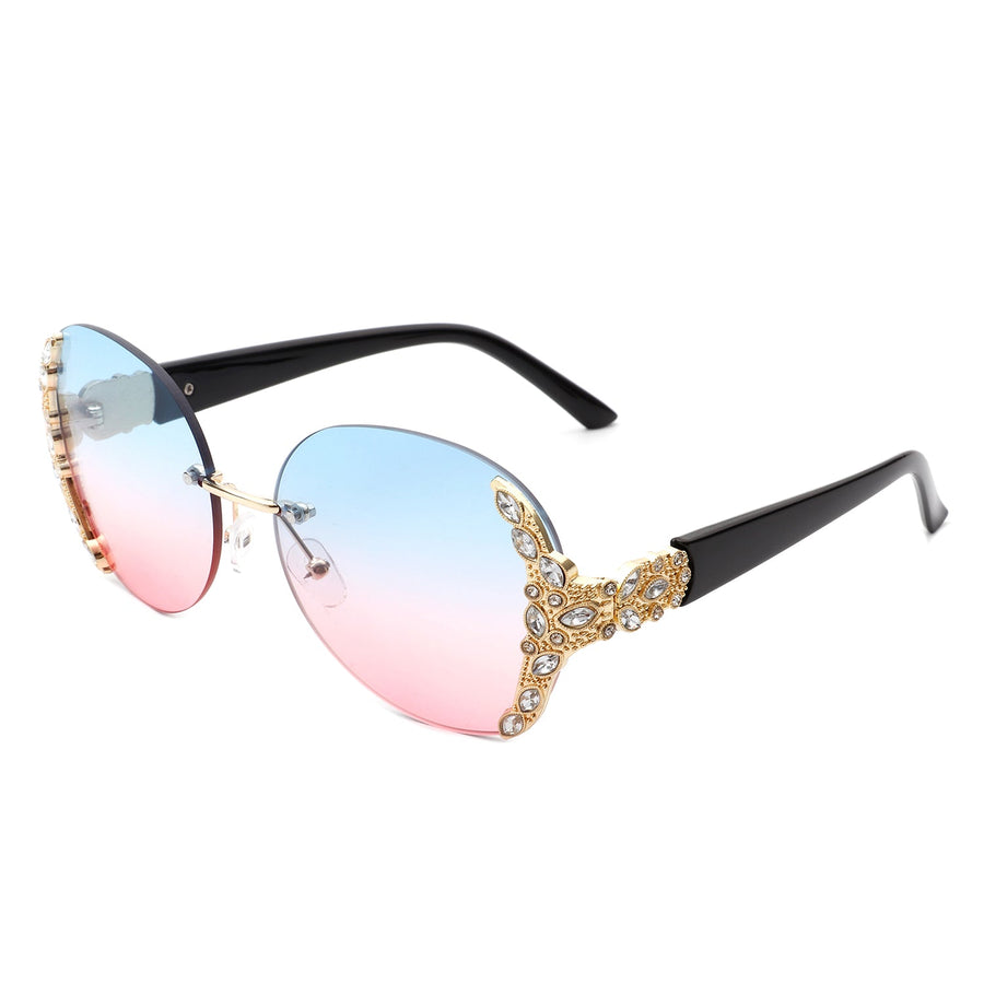 Jadeisle - Oval Rimless Rhinestone Round Oversized Sunglasses- 5 Colors