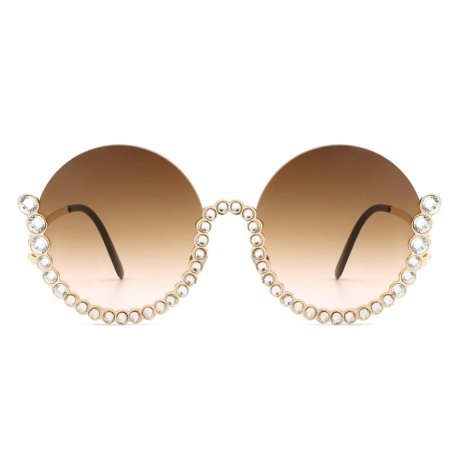 Gloriana - Women Circle Half Frame Oversize Rhinestone Fashion Round Sunglasses