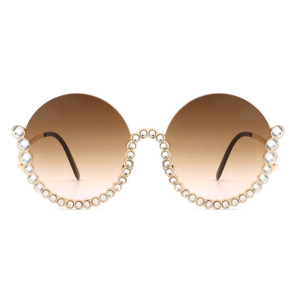 Gloriana - Women Circle Half Frame Oversize Rhinestone Fashion Round Sunglasses