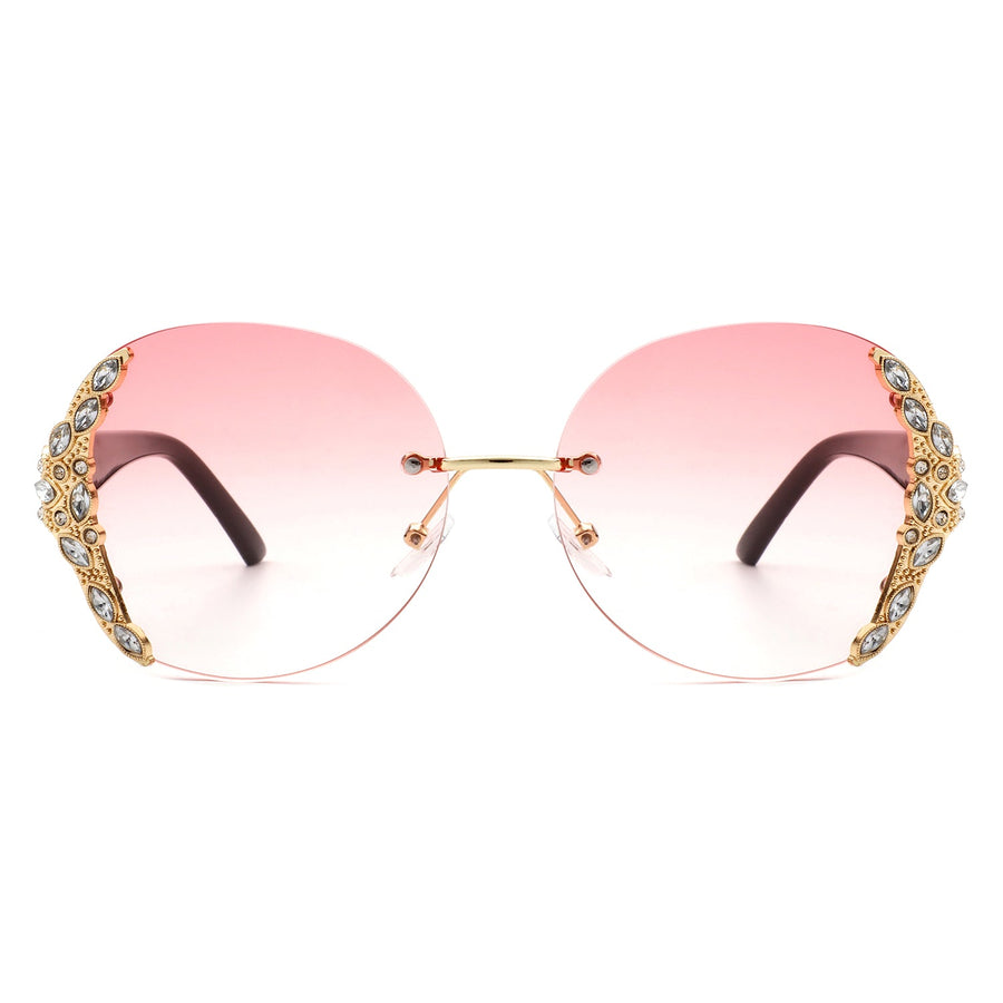 Jadeisle - Oval Rimless Rhinestone Round Oversized Sunglasses- 5 Colors