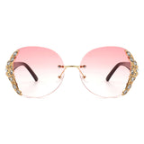Jadeisle - Oval Rimless Rhinestone Round Oversized Sunglasses- 5 Colors