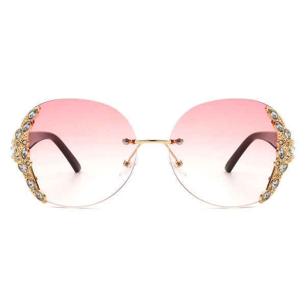 Jadeisle - Women Oval Rimless Rhinestone Design Round Oversize Sunglasses