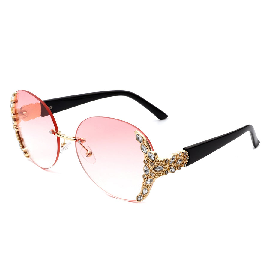 Jadeisle - Oval Rimless Rhinestone Round Oversized Sunglasses- 5 Colors