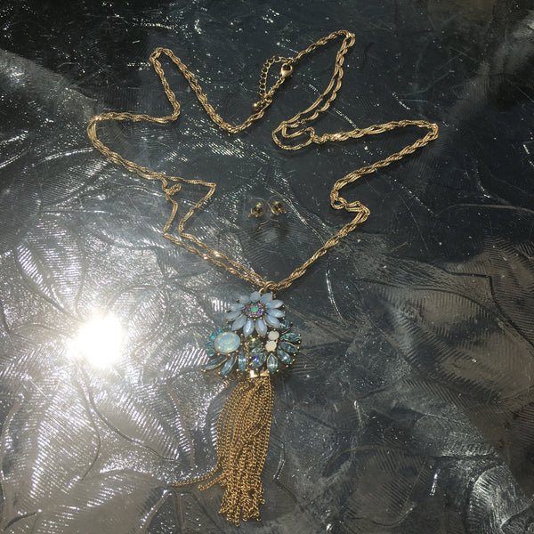 Burnished Gold Tone Rhinestone & Tassel Floral Pendant Necklace- Blue & White Opal