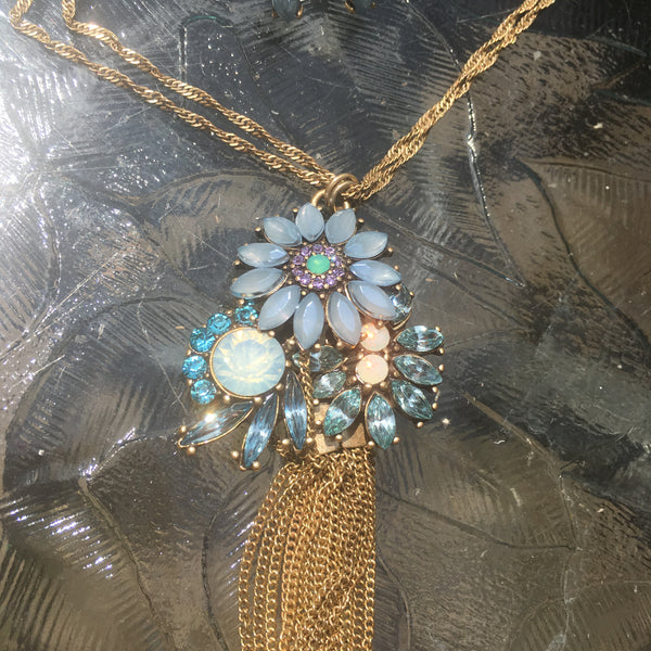 Burnished Gold Tone Rhinestone & Tassel Floral Pendant Necklace- Blue & White Opal