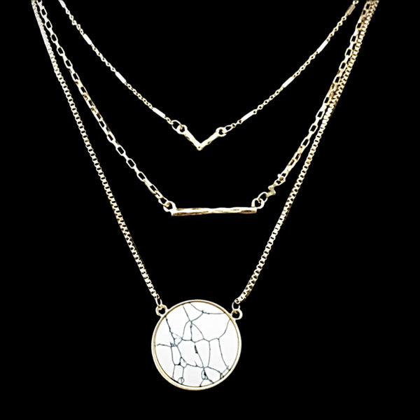 Triple Layer Gold Tone Necklace with Pendant- Howlite