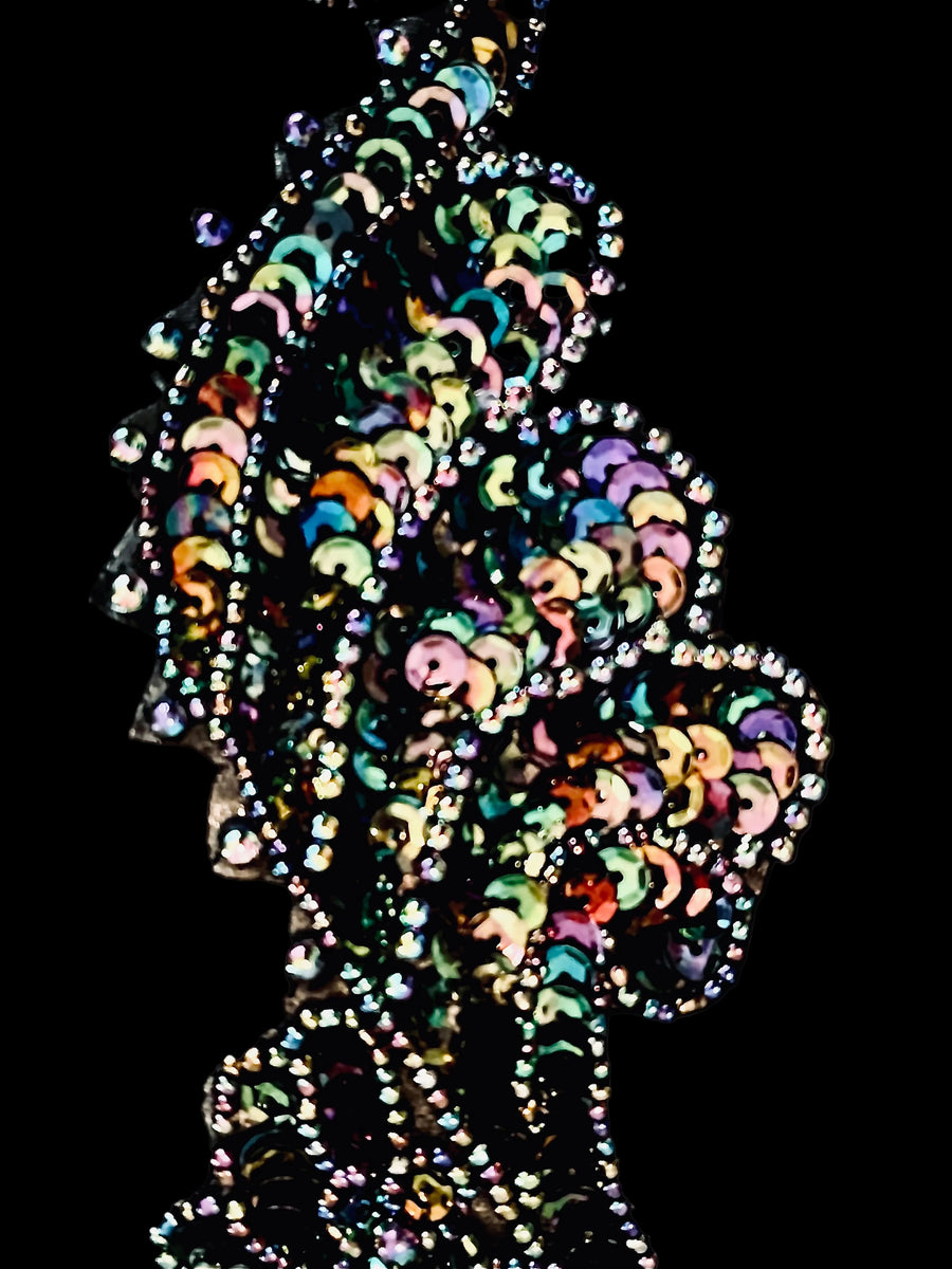 Black Aurora Borealis Beaded Sequin Scroll Appliqués- Mirrored Set of 2
