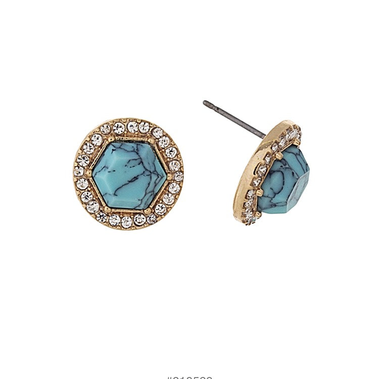 Gold Tone Stone Halo Post Earrings- Turquoise