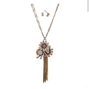 Burnished Gold Tone Rhinestone & Tassel Floral Pendant Necklace- Peach & White Opal