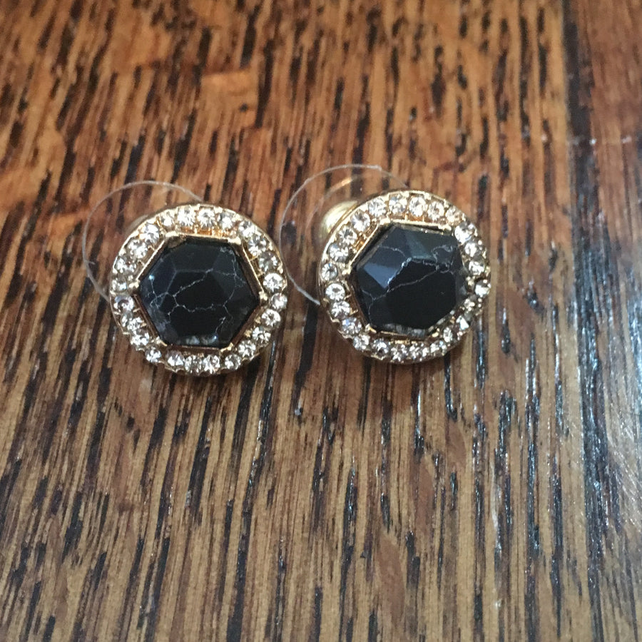 Gold Tone Stone Halo Post Earrings- Black