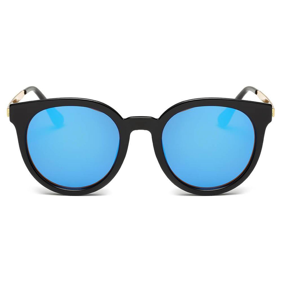 FINDLAY | Retro Mirrored Lens Horn Rimmed Round Sunglasses- Blue/Black/Gold