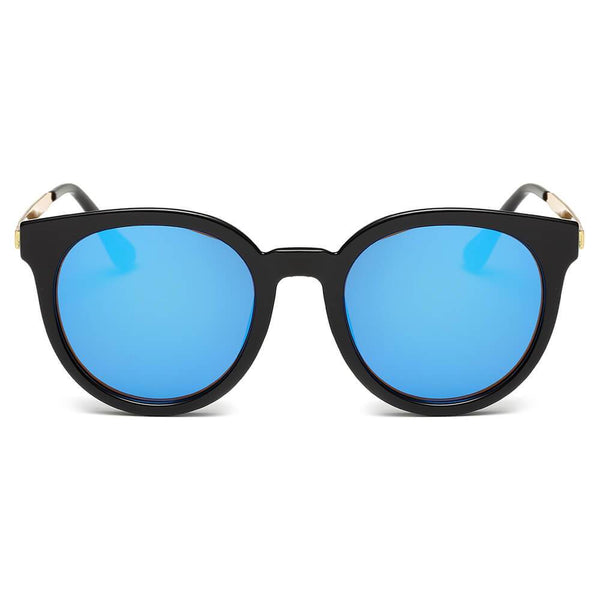 FINDLAY | Retro Mirrored Lens Horn Rimmed Round Sunglasses- Blue/Black/Gold