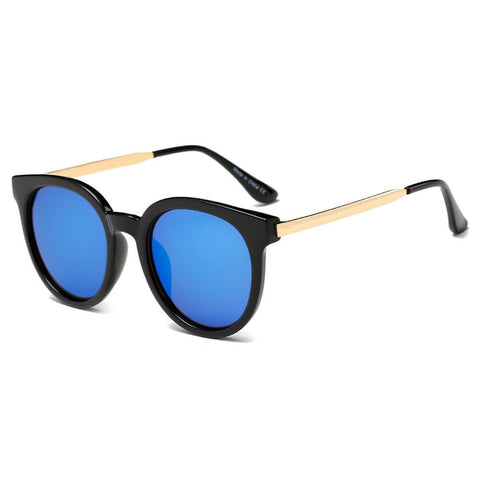 FINDLAY | Retro Mirrored Lens Horn Rimmed Round Sunglasses- Blue/Black/Gold