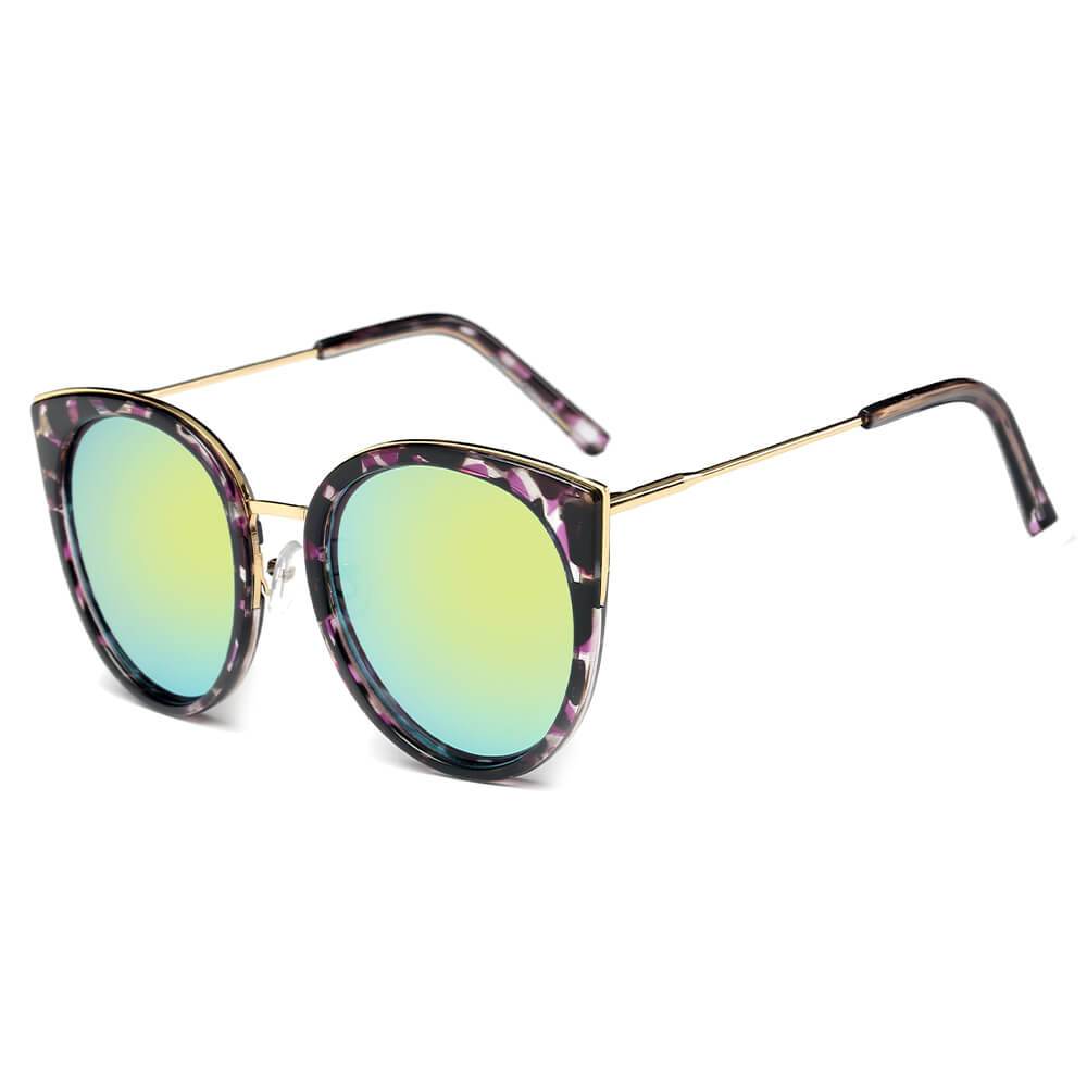 HOLMDEL |  Iconic Mirrored Lens Cat-Eye Sunglasses- Green/Gold/Purple Tortoise Shell