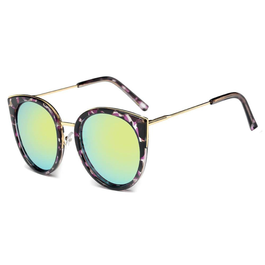 HOLMDEL Iconic Mirrored Lens Cat-Eye Sunglasses- Green/Gold/Purple Tortoise Shell