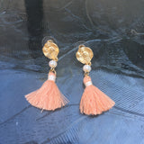 Matte Gold Tone Bead & Tassel Drop Earrings- Peach & Cream