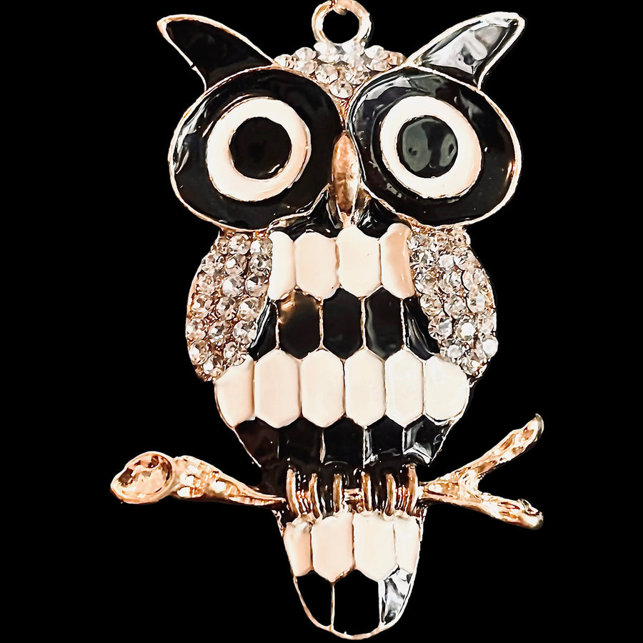 Rhinestone Owl Glazed Branch Pendant Sweater Chain - White And Black