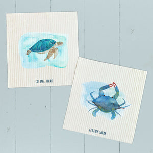 Watercolor Sea Turtle, Crab 2 pk - Swedish Dish Cloth