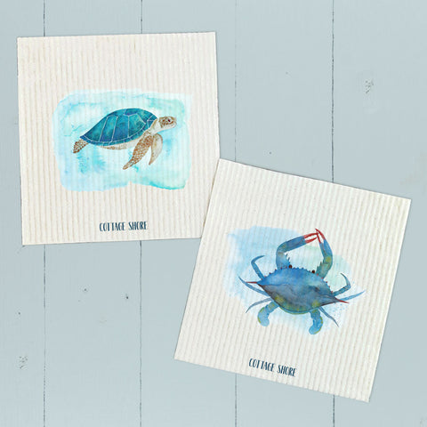 Watercolor Sea Turtle, Crab 2 pk - Swedish Dish Cloth