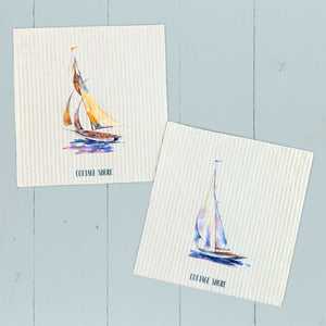 Watercolor Sailboat Orange, Blue 2 pk - Swedish Dish Cloth