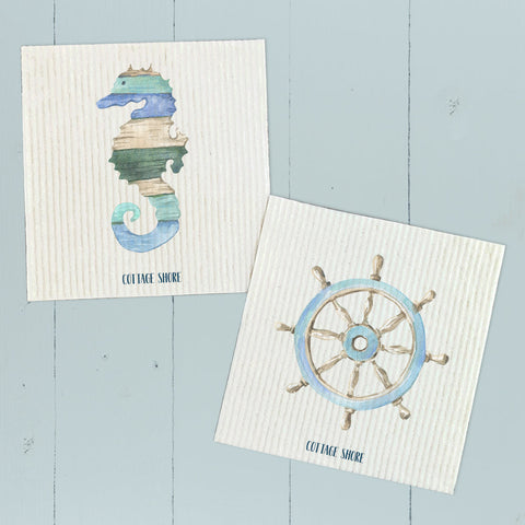 Coastal Wood Seahorse and Ship Wheel 2pk - Swedish Dish Cloth