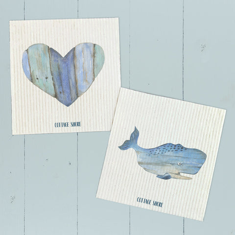 Coastal Wood Whale and Heart 2pk - Swedish Dish Cloth