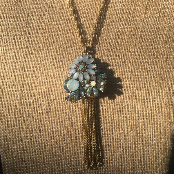 Burnished Gold Tone Rhinestone & Tassel Floral Pendant Necklace- Blue & White Opal