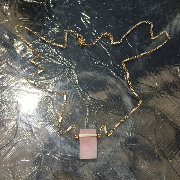 Gold Tone Natural Stone Pendant Necklace- Pink