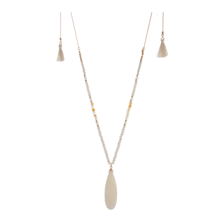 Gold Tone Adjustable Teardrop, Beads, & Tassel Necklace- Ivory