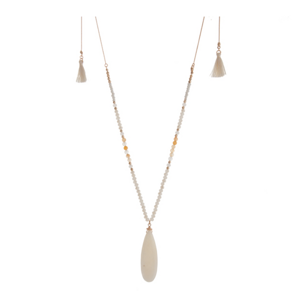 Gold Tone Adjustable Teardrop, Beads, & Tassel Necklace- Ivory