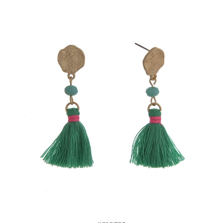 Matte Gold Tone Bead & Tassel Drop Earrings- Green, Pink, & Turquoise