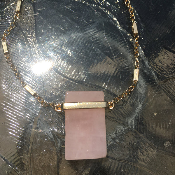 Gold Tone Natural Stone Pendant Necklace- Pink